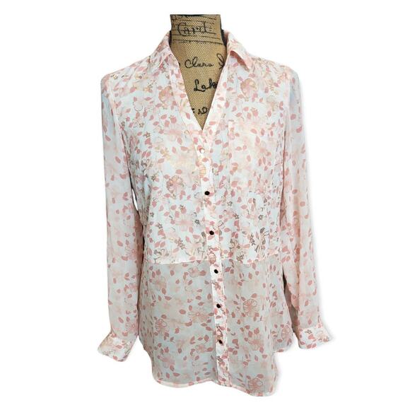 Candie's Pink Pastel & Rose Gold Button Up Long Sleeved Dressy Collared Blouse - Picture 1 of 5